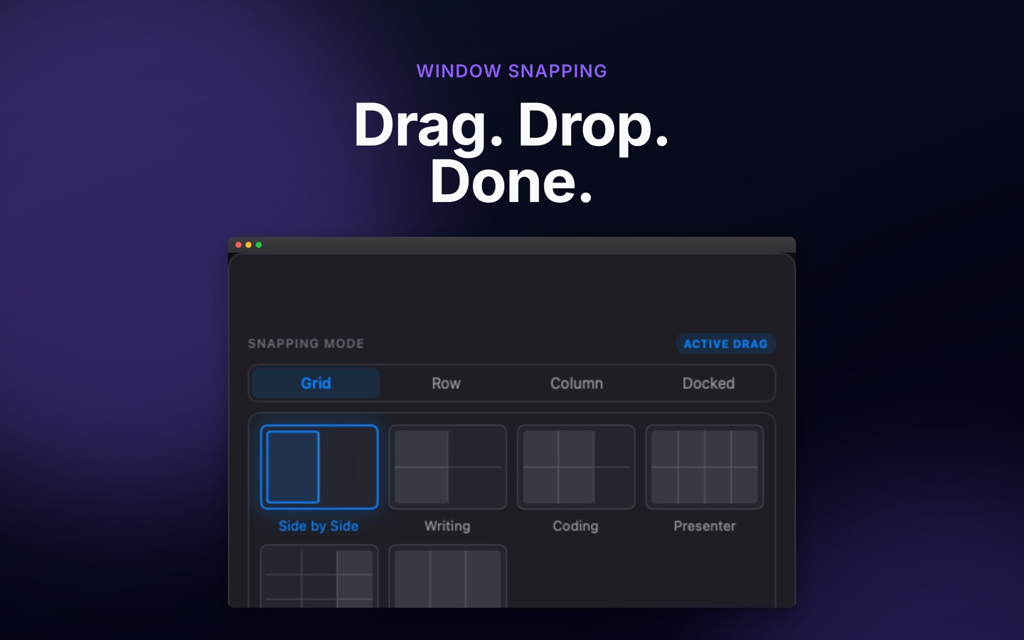 WorktileX screenshot: dragging a window to the edge with the drop panel and live window thumbnails